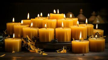 AI generated Many burning candles in the dark. yellow candles on a black background. Generate AI photo