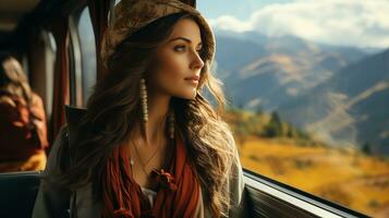 AI generated Travel blogger and adventurer who inspires adventurers to go outside the train window. See breathtaking views. Generate AI photo