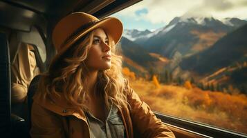 AI generated Travel blogger and adventurer who inspires adventurers to go outside the train window. See breathtaking views. Generate AI photo