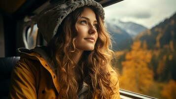 AI generated Travel blogger and adventurer who inspires adventurers to go outside the train window. See breathtaking views. Generate AI photo