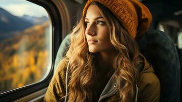AI generated Travel blogger and adventurer who inspires adventurers to go outside the train window. See breathtaking views. Generate AI photo