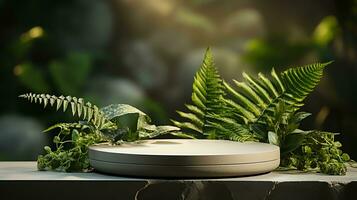 AI generated cosmetic product background Scene with green leaves Simulate the base Generate AI photo