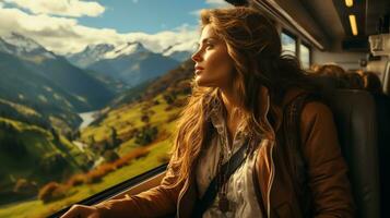 AI generated Travel blogger and adventurer who inspires adventurers to go outside the train window. See breathtaking views. Generate AI photo