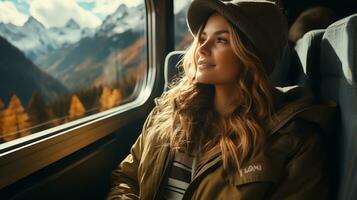 AI generated Travel blogger and adventurer who inspires adventurers to go outside the train window. See breathtaking views. Generate AI photo