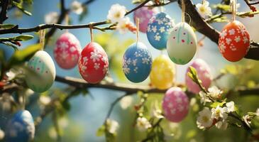 AI generated View of different colored Easter eggs on a tree photo