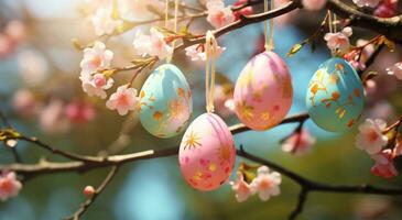 AI generated View of different colored Easter eggs on a tree photo
