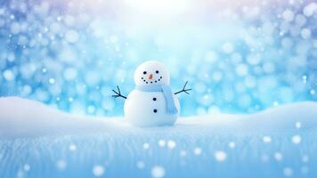 AI generated Funny snowman on Christmas holiday winter background Merry Christmas and Happy Holidays wishes, banner background photo