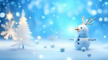 AI generated Funny snowman on Christmas holiday winter background Merry Christmas and Happy Holidays wishes, banner background photo