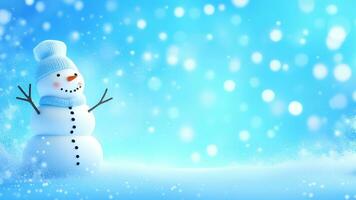 AI generated Funny snowman on Christmas holiday winter background Merry Christmas and Happy Holidays wishes, banner background photo