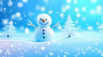 AI generated Funny snowman on Christmas holiday winter background Merry Christmas and Happy Holidays wishes, banner background photo