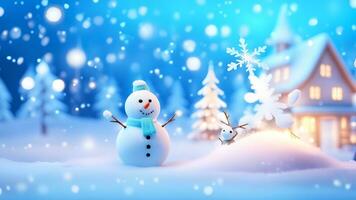 AI generated Funny snowman on Christmas holiday winter background Merry Christmas and Happy Holidays wishes, banner background photo