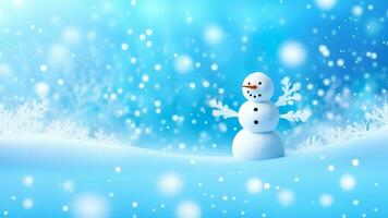 AI generated Funny snowman on Christmas holiday winter background Merry Christmas and Happy Holidays wishes, banner background photo