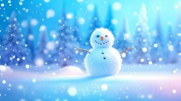 AI generated Funny snowman on Christmas holiday winter background Merry Christmas and Happy Holidays wishes, banner background photo