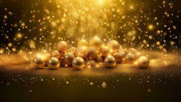 ai generado dorado partículas y asperja en Navidad o nuevo año celebracion. brillante dorado luces. fondo de pantalla antecedentes para anuncios o regalos envolver foto