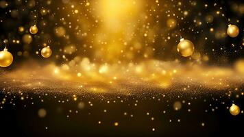 AI generated golden particles and sprinkles on christmas or new year celebration. shiny golden lights. wallpaper background for ads or gifts wrap photo