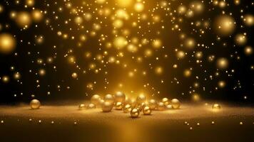 AI generated golden particles and sprinkles on christmas or new year celebration. shiny golden lights. wallpaper background for ads or gifts wrap photo