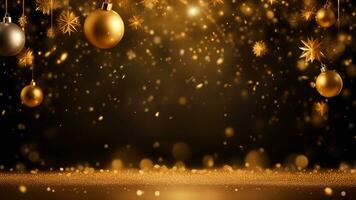 ai generado dorado partículas y asperja en Navidad o nuevo año celebracion. brillante dorado luces. fondo de pantalla antecedentes para anuncios o regalos envolver foto