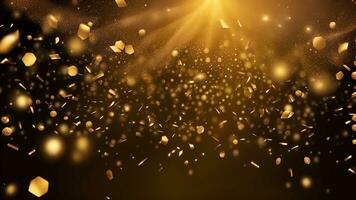 AI generated golden particles and sprinkles on christmas or new year celebration. shiny golden lights. wallpaper background for ads or gifts wrap photo