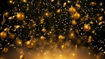 AI generated golden particles and sprinkles on christmas or new year celebration. shiny golden lights. wallpaper background for ads or gifts wrap photo