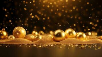 AI generated golden particles and sprinkles on christmas or new year celebration. shiny golden lights. wallpaper background for ads or gifts wrap photo