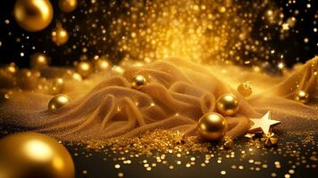 ai generado dorado partículas y asperja en Navidad o nuevo año celebracion. brillante dorado luces. fondo de pantalla antecedentes para anuncios o regalos envolver foto