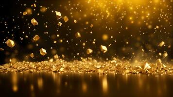 AI generated golden particles and sprinkles on christmas or new year celebration. shiny golden lights. wallpaper background for ads or gifts wrap photo