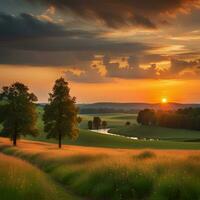 AI generated Beautiful summer sunset meadow landscape. photo