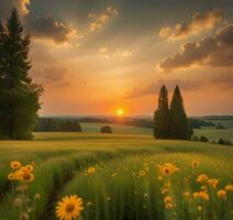 AI generated Beautiful summer sunset meadow landscape. photo