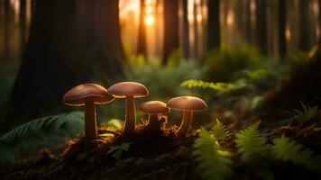 AI generated Closeup of a mushroom in the forest at sunset. photo