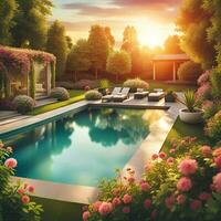 AI generated Beautiful summer garden with swimming pool at sunset photo