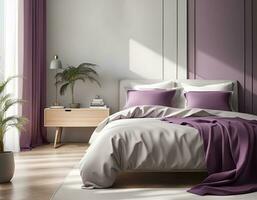 ai generado moderno dormitorio interior ingenio púrpura acentos foto