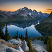 ai generado ver de el lago en el montañas. foto