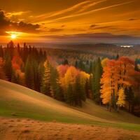 AI generated Autumn sunset meadow landscape. photo