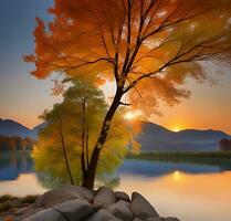 AI generated Beautiful autumn lake landscape. photo