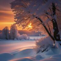 AI generated Snowy winter sunset landscape. photo