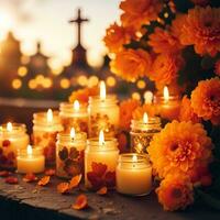 AI generated Close-up of candles and chrysanthemums flowers at the cemetery. All saints day graveyard. photo