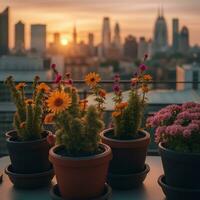 AI generated Pots of flowers on the balcony. City view at sunset in the background. photo