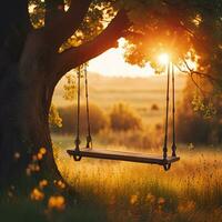 ai generado un columpio colgando desde un árbol a puesta de sol foto