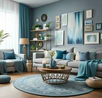 ai generado moderno vivo habitación con azul acentos foto