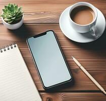 AI generated Blank smartphone mockup. Wooden table with succulent, cup of coffee, notepad and phone photo