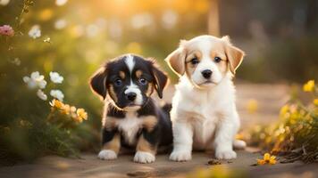 AI generated Outdoor portrait of two cute puppies. photo