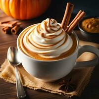 AI generated Close-up of pumpkin spice latte with with cinnamon and anise stars. photo