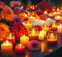 AI generated Close-up of candles and chrysanthemums flowers at the cemetery. All saints day graveyard. photo