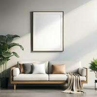 AI generated Poster, painting mockup. A blank poster hanging on the wall in living room. photo