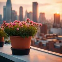 AI generated Rooftop garden. Pots of flowers on the rooftop. City view in the background. photo