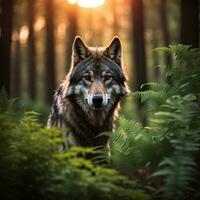 ai generado retrato de un lobo entre helechos en el bosque a puesta de sol. foto
