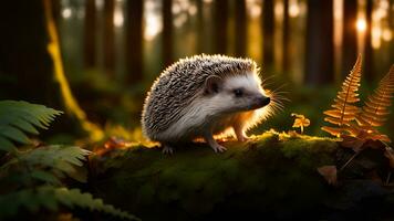 ai generado retrato de un erizo en el bosque a puesta de sol. foto