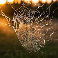 AI generated Spider web with dew drops at sunset. photo