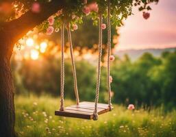 ai generado un columpio colgando desde un árbol a puesta de sol foto