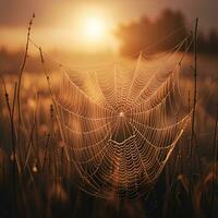 ai generado araña web con Rocío gotas a puesta de sol. foto